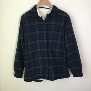 LL Bean Women’s Green and Black Plaid Fleece Lined Button Down Shacket